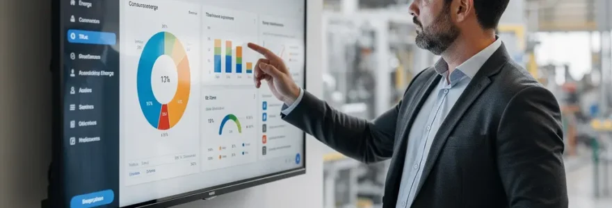 Dirigeant PME consultant un tableau de bord énergétique avec son conseiller
