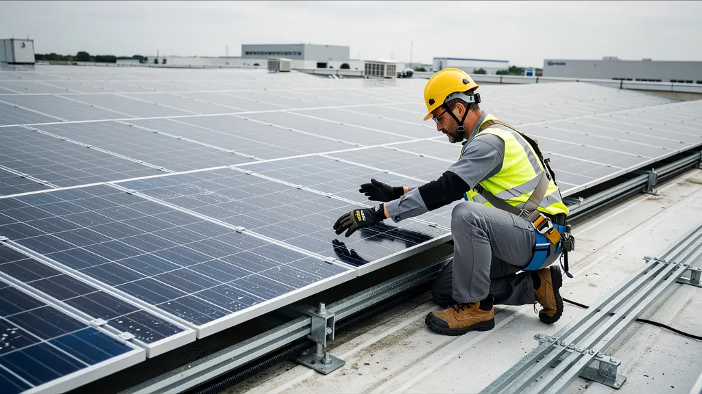 Technicien inspectant une installation de panneaux solaires sur un bâtiment industriel