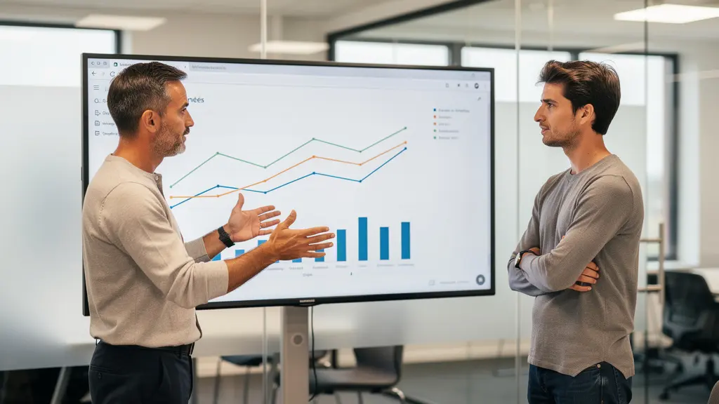 Équipe projet discutant autour d'un écran de présentation sur la décarbonation